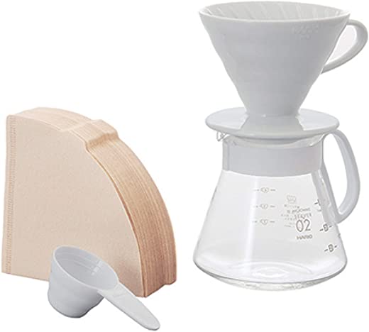 Hario V60 Pour Over Set with Ceramic Dripper, Glass Server, Scoop and Filters, Size 02, White