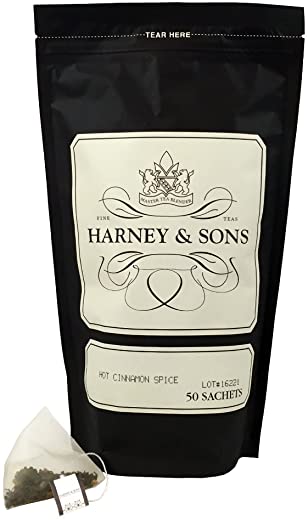 Harney and Sons Hot Cinnamon Spice | Bag of 50 Sachets, Black Tea w/ Orange Pieces, Cinnamon, and Clove
