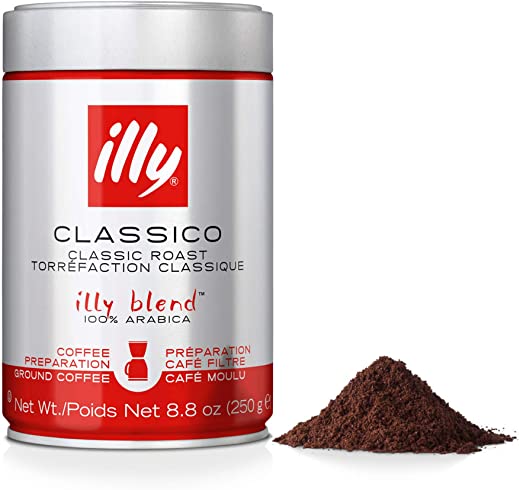 illy Classico Ground Drip Coffee, Medium Roast, Classic Roast with Notes Of Chocolate & Caramel, 100% Arabica Coffee, No Preservatives, 8.8 Ounce