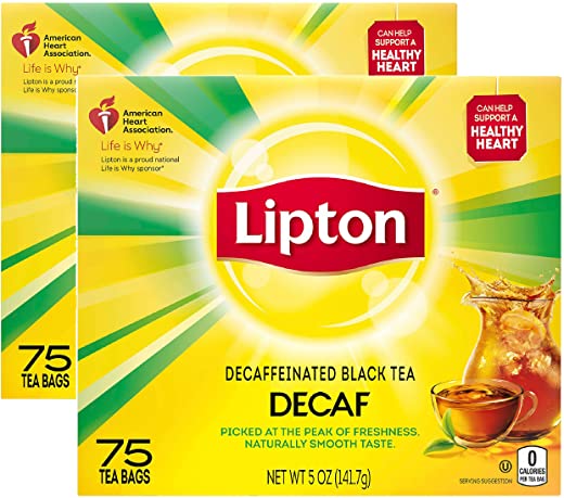 Lipton Tea Bags For a Delicious Beverage Decaf Black Tea Caffeine-Free and Made With Real Tea Leaves 75 Tea Bags (Pack of 2)