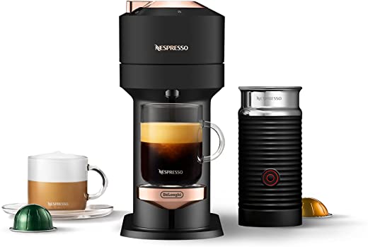 Nespresso Vertuo Next Coffee and Espresso Maker by De’Longhi, Deluxe Matte Black Rose Gold with Aeroccino Milk Frother