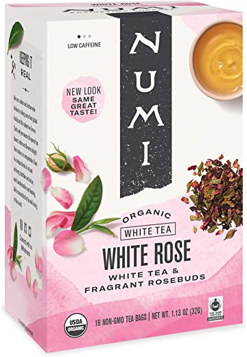 Numi Organic Tea White Rose, 16 Count Box of Tea Bags, White Tea (Packaging May Vary)