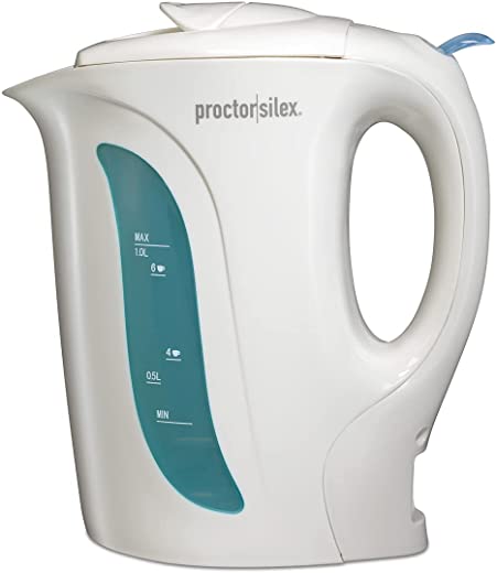 Proctor Silex 1 Liter Electric Kettle for Tea and Water with Auto-Shutoff and Boil-Dry Protection, White (K2070Y), 1 L,
