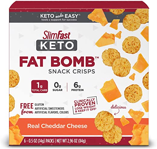 SlimFast Keto Fat Bomb Snack Crisps, Real Cheddar Cheese, Keto Snacks for Weight Loss, Low Carb with 6g of Protein, 6 Count Box