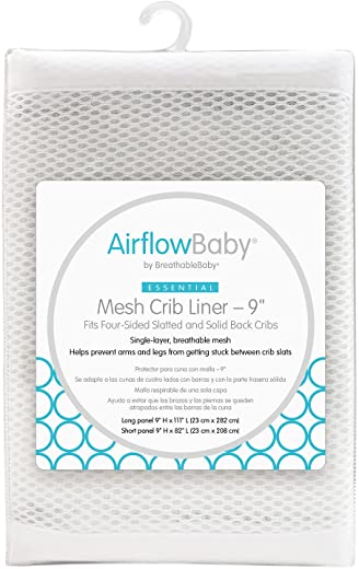 AirflowBaby Essential Mesh Crib Liner – Essential Collection – White 9” – Fits Full-Size Four-Sided Slatted and Solid Back Cribs – Anti-Bumper