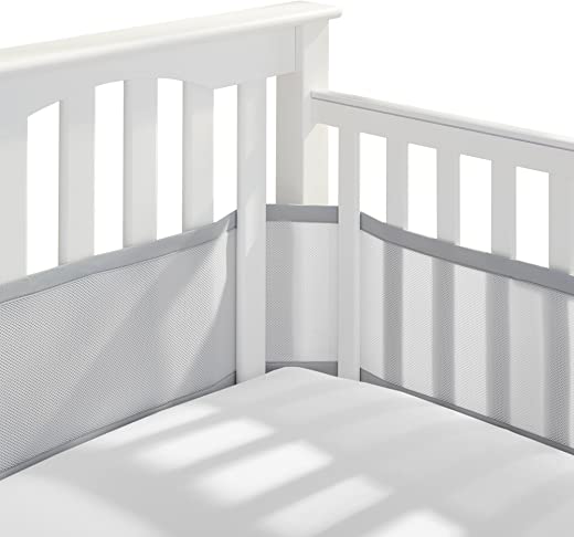 BreathableBaby Breathable Mesh Crib Liner – Classic Collection – Gray – Fits Full-Size Four-Sided Slatted and Solid Back Cribs – Anti-Bumper