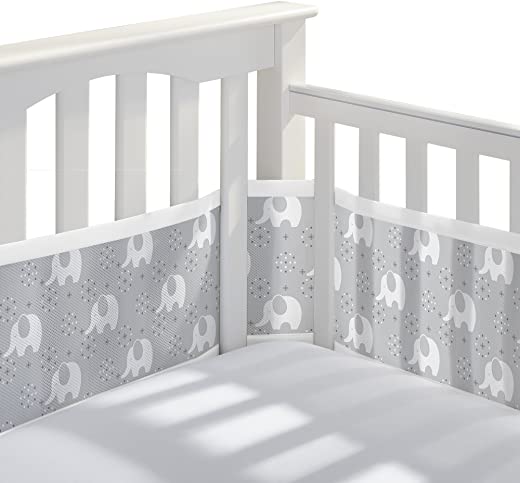 BreathableBaby Breathable Mesh Crib Liner – Classic Collection – Peaceful Elephant Gray – Fits Full-Size Four-Sided Slatted and Solid Back Cribs –…