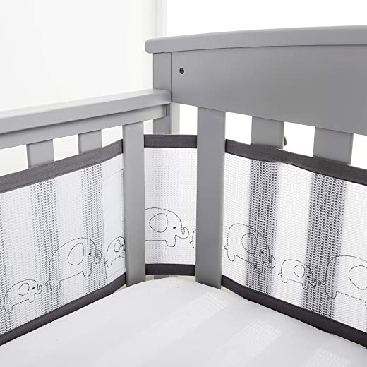 BreathableBaby Breathable Mesh Crib Liner – Deluxe Embroidered Collection – Elephants – Fits Full-Size Four-Sided Slatted and Solid Back Cribs –…