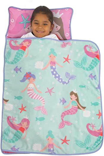 Everything Kids Pink & Aqua Mermaid Toddler Nap Mat with Pillow & Blanket, Aqua, Pink, Lavender, White