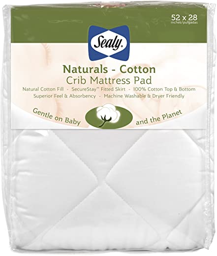 Sealy Baby – Naturals Cotton Fitted Toddler & Baby Crib Mattress Pad Cover Protector – White