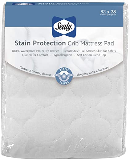 Sealy Baby – Stain Protection Waterproof Fitted Toddler & Baby Crib Mattress Pad Cover Protector – White