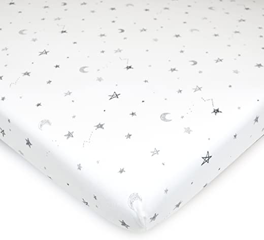 TL Care Printed 100% Natural Cotton Jersey Knit 18 x 36 Cradle/Bassinet Sheet – Fitted, Gray Star and Moons, Soft Breathable, for Boys and Girls