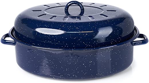 18″ Traditional Vintage Style Blue Speckled Enamel on Steel Covered Oval Roaster