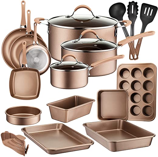 20-Piece Nonstick Kitchen Cookware Set – PTFE/PFOA/PFOS-Free Heat Resistant Kitchen Ware Pots Baking Pan Set w/ Saucepan, Frying Pans, Cooking…