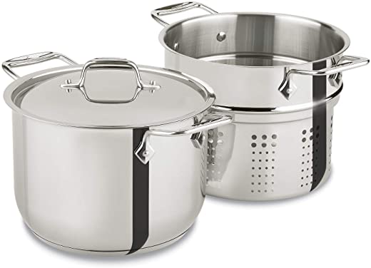 All-Clad E414S6 Stainless Steel Pasta Pot and Insert Cookware, 6-Quart, Silver –