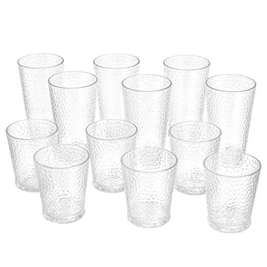 Amazon Basics 12-Piece Tritan Glass Drinkware Set – Hammered Highball and Double Old Fashioned, 6-Pieces Each, 21oz./14oz.