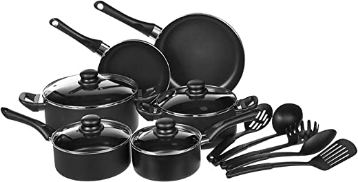 Amazon Basics Non-Stick Cookware Set, Pots, Pans and Utensils – 15-Piece Set