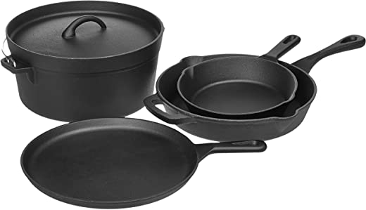 Amazon Basics Pre-Seasoned Cast Iron 5-Piece Kitchen Cookware Set, Pots and Pans