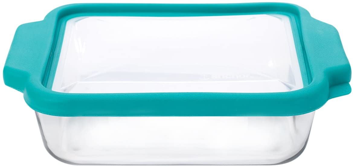 Anchor Hocking 8-inch Square Glass Baking Dish with Airtight TrueFit Lid, Teal, Set of 1