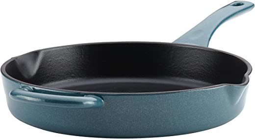 Ayesha Curry Enameled Cast Iron Skillet/Fry Pan with Pour Spouts, Skillet (10″), Twilight Teal