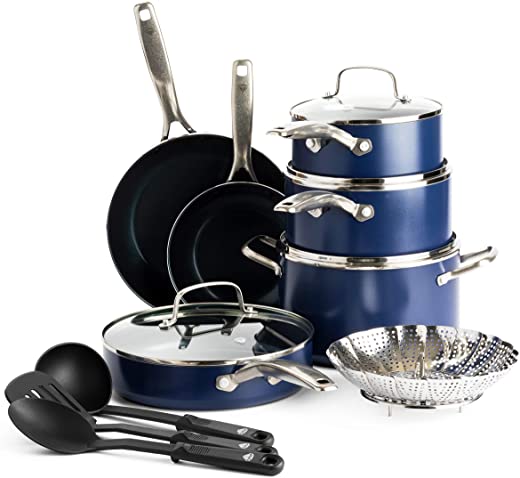 Blue Diamond Cookware Diamond Infused Ceramic Nonstick 14 Piece Cookware Pots and Pans Set, PFAS-Free, Dishwasher Safe, Oven Safe, Blue