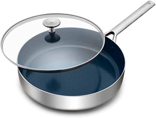 Blue Diamond Cookware Tri-Ply Stainless Steel Ceramic Nonstick, 3.75QT Saute Pan Jumbo Cooker with Lid, PFAS-Free, Multi Clad, Induction,…