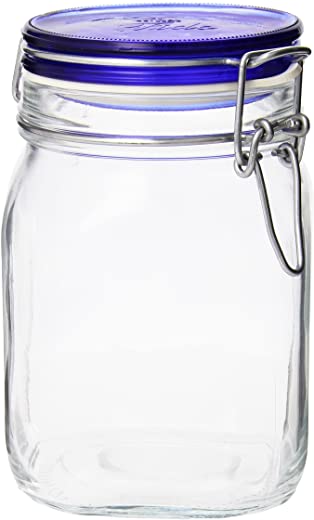 Bormioli Rocco Fido Square Jaw with Blue Lid, 33-3/4-Ounce, 33.75 Ounce, Clear
