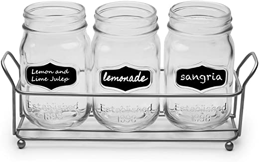 Circleware Chalkboard Mason Jar Glasses with Metal Holder Stand, Set of 4, Home & Kitchen Farmhouse Décor Drink Tumblers for Water, Beer and…