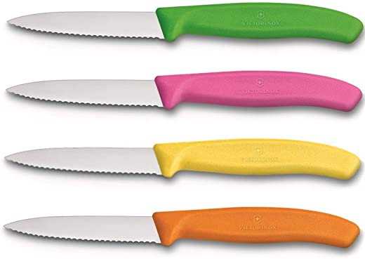 Culinary Depot Victorinox Swiss Stainless Steel Paring Knife 3.25 Inch Serrated Blade, Spear Pointy (Set of 4) Green, Orange, Pink and Yellow…
