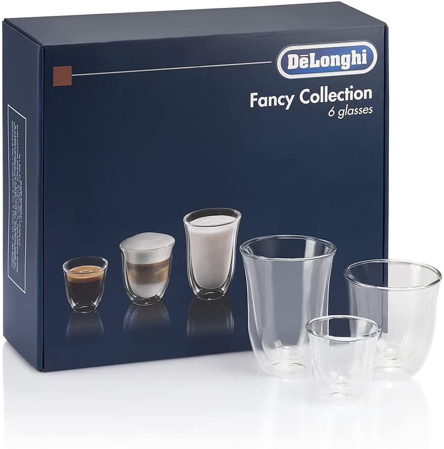 De’Longhi Fancy Collection Double Walled Thermo Espresso, Cappuccino and Latte Macchiato Glasses, (Set of 6), Clear