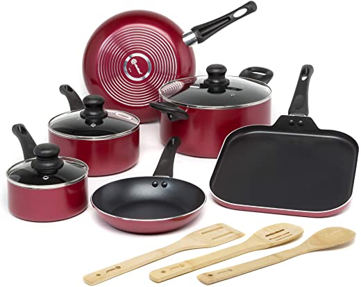 Ecolution Easy Clean Non-Stick Cookware, Dishwasher Safe Pots and Pans Set, 12 Piece, Red