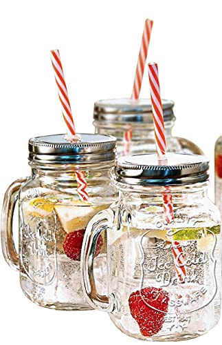 Estilo Mason Jar Mugs with Handle and Straws Old Fashioned Drinking Glass Set 6, 16 oz Each