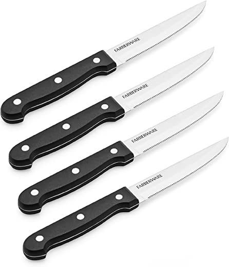 Farberware 4-Piece Full-Tang Triple Rivet ‘Never Needs Sharpening’ Stainless Steel Steak Knife Set, Black