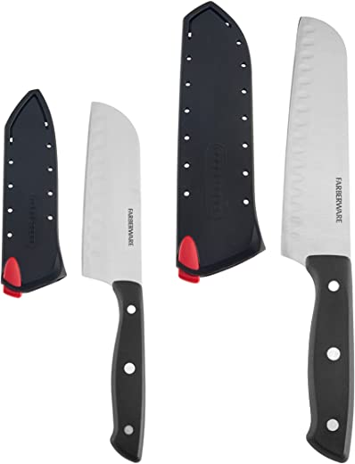 Farberware Edgekeeper Self-Sharpening Triple Riveted Santoku Knife Set, 4-Piece, Black