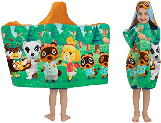 Franco Kids Bath and Beach Cotton Terry Hooded Towel Wrap, 24 in x 50 in, Animal Crossing