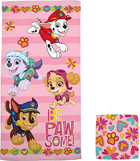 Franco Kids Bath and Beach Soft Cotton Terry Towel with Washcloth Set, 50 in x 25 in, Paw Patrol Girls