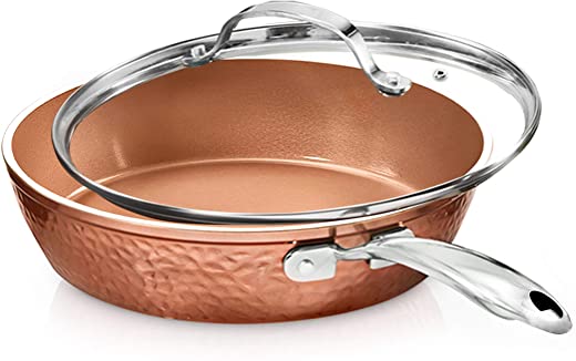 Gotham Steel 12” Nonstick Fry Pan with Lid – Hammered Copper Collection, Premium Aluminum Cookware with Stainless Steel Handles, Induction Plate…