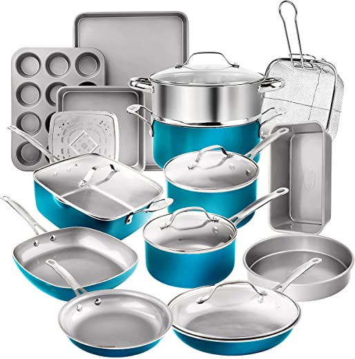 Gotham Steel Aqua Blue 20 Piece Pots & Pans Set, Nonstick Ceramic Cookware Set + Bakeware Set – Frying Pans, Stock Pots, Deep Fry Pan, Cookie Sheet…