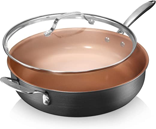 Gotham Steel Nonstick Sauté Pan with Lid – 5.5 Quart. Multipurpose Ceramic Jumbo Cooker Fry Pan with Glass Lid, Stay Cool Handle + Helper Handle,…