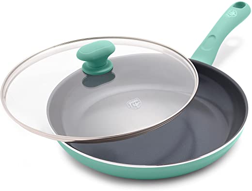 GreenLife Soft Grip Diamond Healthy Ceramic Nonstick, 11″ Frying Pan Skillet with Lid, PFAS-Free, Dishwasher Safe, Turquoise