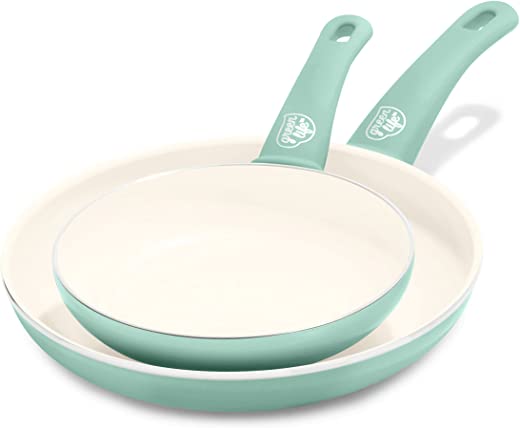 GreenLife Soft Grip Healthy Ceramic Nonstick 7″ and 10″ Frying Pan Skillet Set, PFAS-Free, Dishwasher Safe, Turquoise