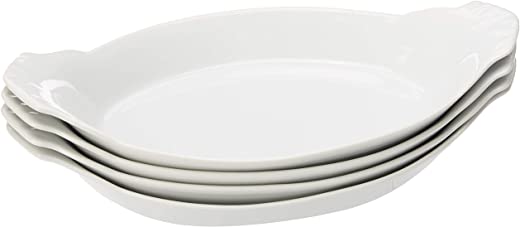 HIC Harold Import Co. Kitchen Oval Au Gratin Baking Dish Set, Fine White Porcelain, 10-Inch, Set of 4