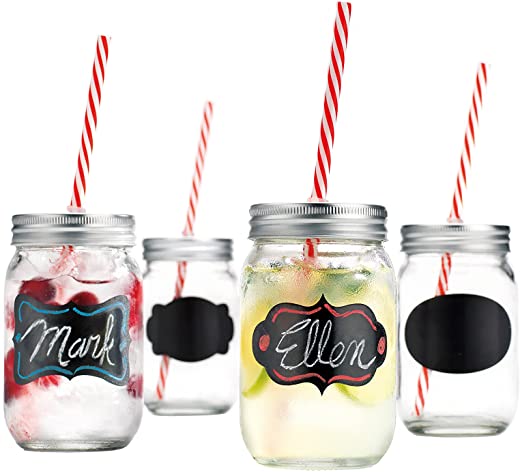Home Essentials Set of 4 Chalk It Up 15-Oz. Mason Jar Glasses with Straws