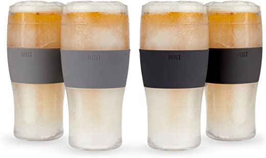 HOST Freeze Beer 16 Ounce Freezer Gel Chiller Double Wall Plastic Frozen Pint Glass, Set of 4, Black & Grey