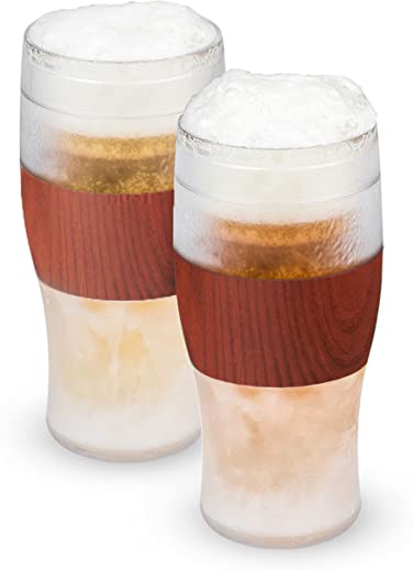 Host Freeze Beer Glasses, 16 ounce Freezer Gel Chiller Double Wall Plastic Frozen Pint Glass, Set of 2, Wood
