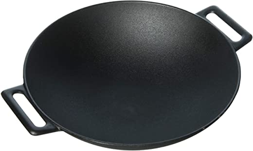 Jim Beam 12” Pre Seasoned Heavy Duty Construction Cast Iron Grilling Wok, Griddle and Stir Fry Pan