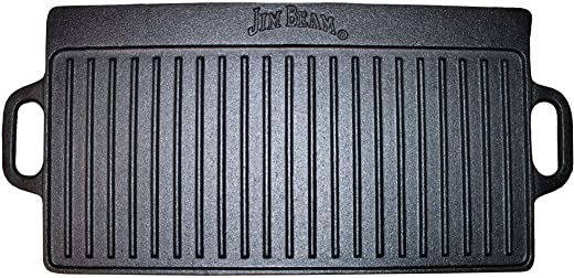 Jim Beam Skillet Pre Seasoned Heavy Duty Construction Double Sided Cast Iron Griddle Pan with Superior Heat Retention, 20″x1″x9″, Large, Black,BBQ168