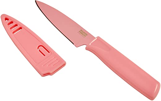 Kuhn Rikon Colori Non-Stick Straight Paring Knife with Safety Sheath, 4 inch/10.16 cm Blade, Bubble Gum