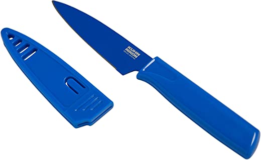 Kuhn Rikon Colori Non-Stick Straight Paring Knife with Safety Sheath, 4 inch/10.16 cm Blade, Blueberry