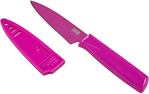 Kuhn Rikon Colori Non-Stick Straight Paring Knife with Safety Sheath, 4 inch/10.16 cm Blade, Dragon Fruit